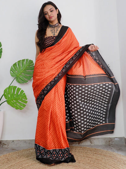 Saree Mall Orange & Black Ethnic Motifs Printed Pure Cotton Sarees