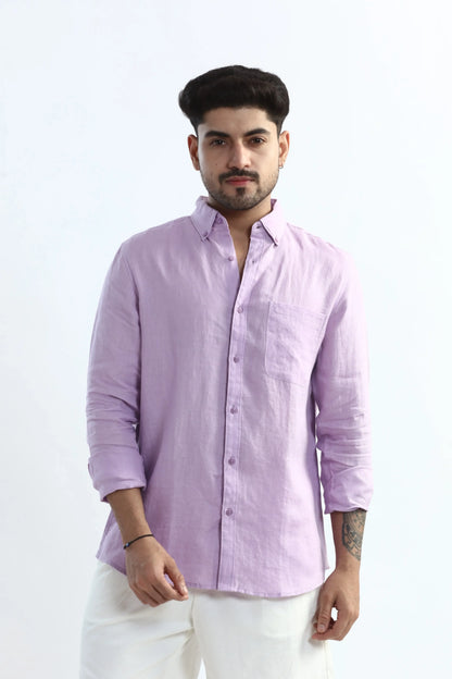 Xkind 100% Pure Linen Lavender Button Down Casual Shirt