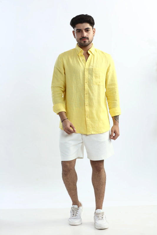 Xkind 100% Pure Linen Buttercup Yellow Button Down Casual Shirt