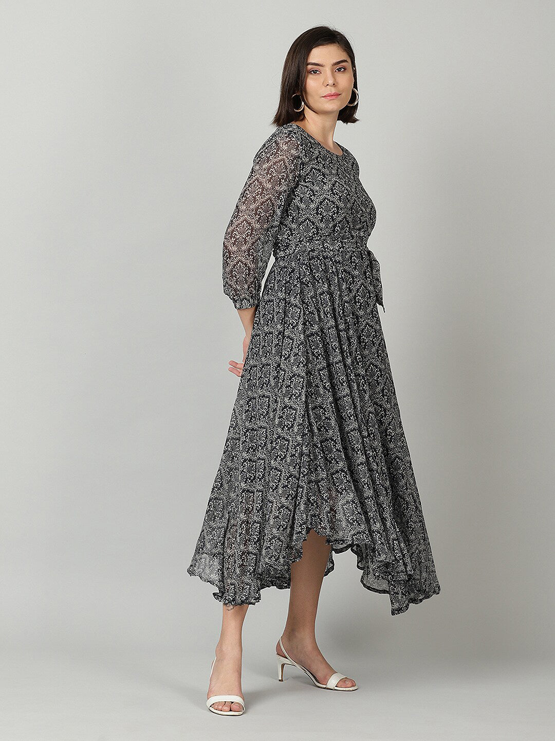 Souchii Women Grey & Black Ethnic Motifs Chiffon A-Line Midi Dress