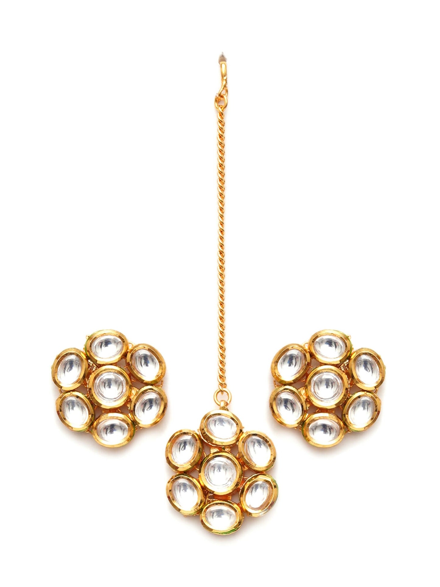 Kundan Round Maang Tikka with Studs Jewellery Set (Gold) - Ruby Raang