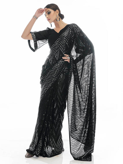 Myra Black Georgette Embroidered Designer  Saree