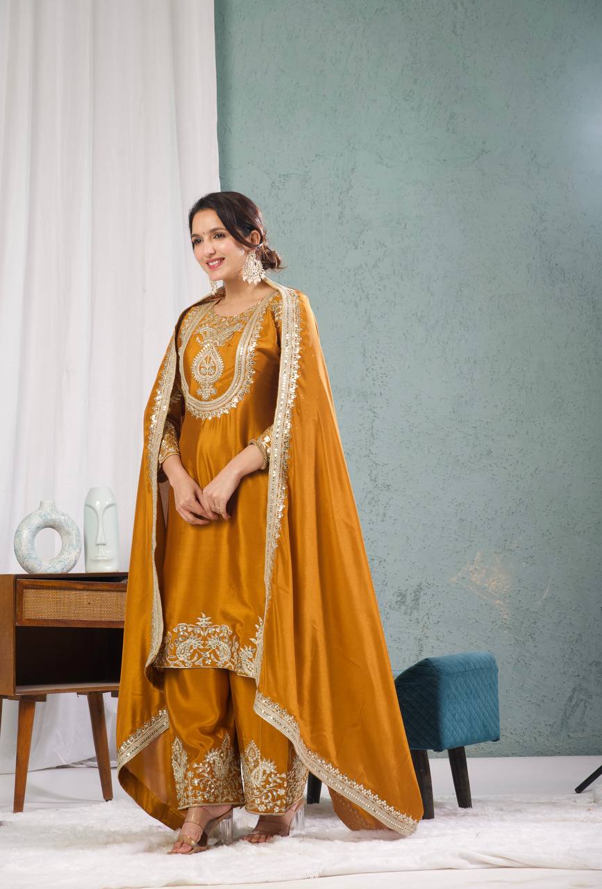 Yash Enterprise Gold Chinnon Silk Embroidery Party Wear Suit Set