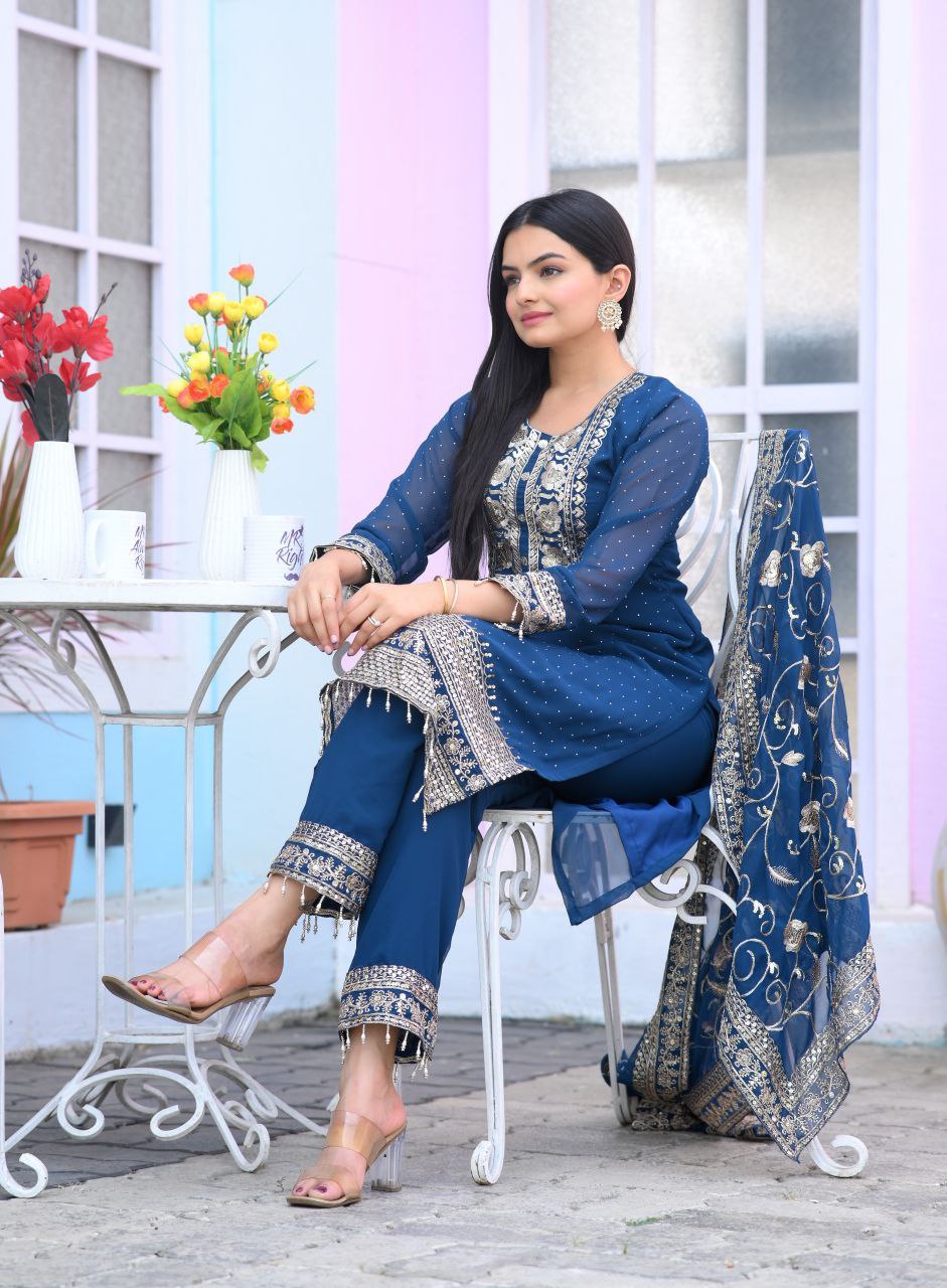 Yash Enterprise Alluring Fox Georgette Blue Embroidery Work Readymade Salwar Suit