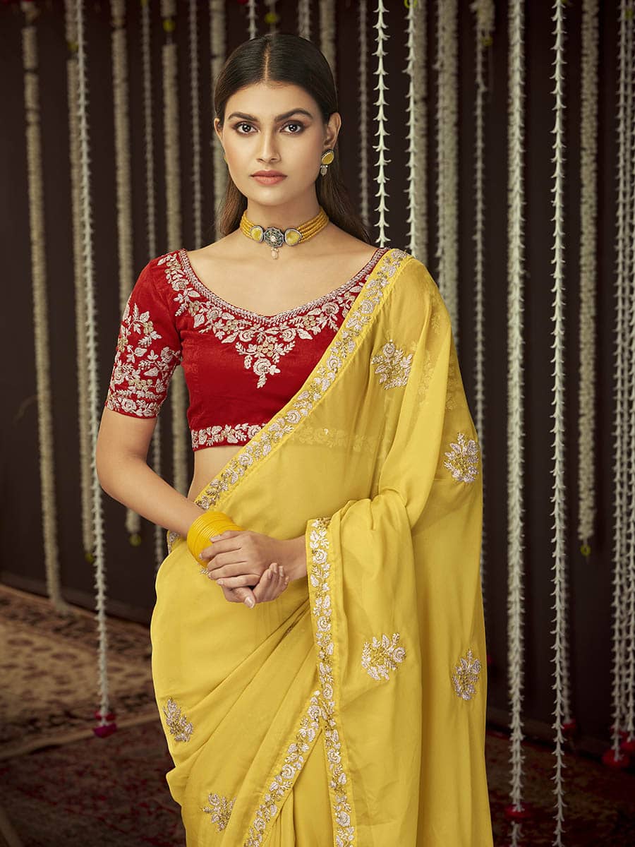 Myra Mustard Art Silk Heavy Embroidered Designer Saree
