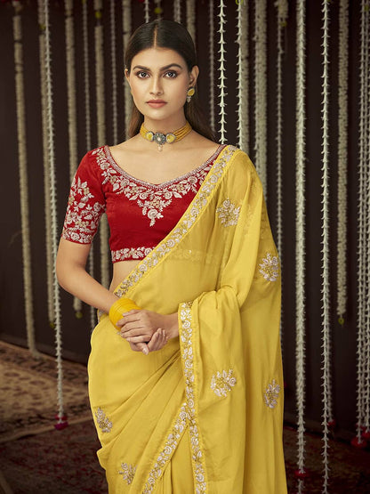 Myra Mustard Art Silk Heavy Embroidered Designer Saree