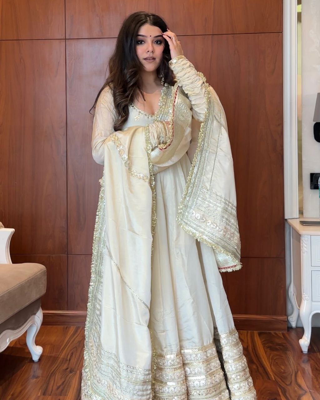 Yash Enterprise Of White Chinon Silk With Embroidery Zari Sequins-Work