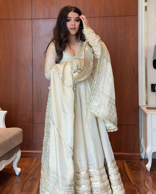 Yash Enterprise Of White Chinon Silk With Embroidery Zari Sequins-Work