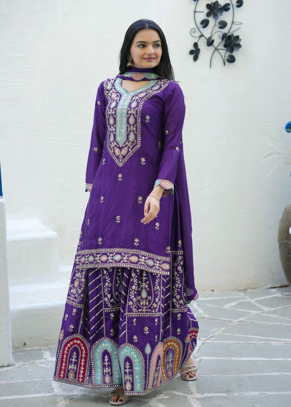 Yash Enterprise Embroidered Chinon With Sequence Blue Readymade Salwar Suit