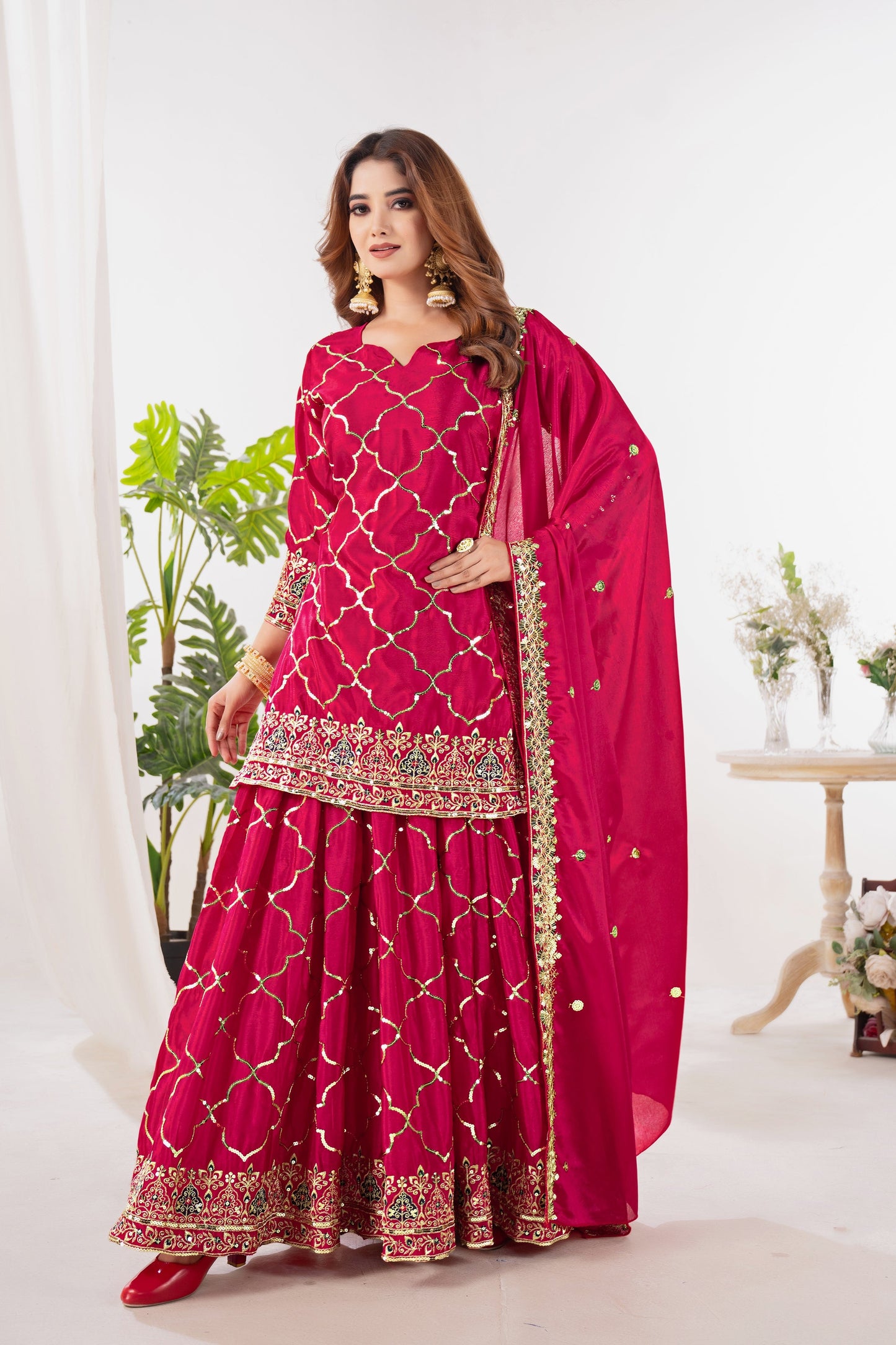 Yash Enterprise Red Chinnon Silk Embroidery Party Wear Suit Set
