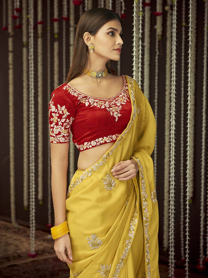Myra Mustard Art Silk Heavy Embroidered Designer Saree
