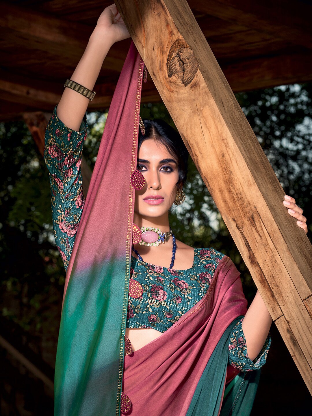 Saree Mall Mauve & Turquoise Blue Ombre Embellished Sarees