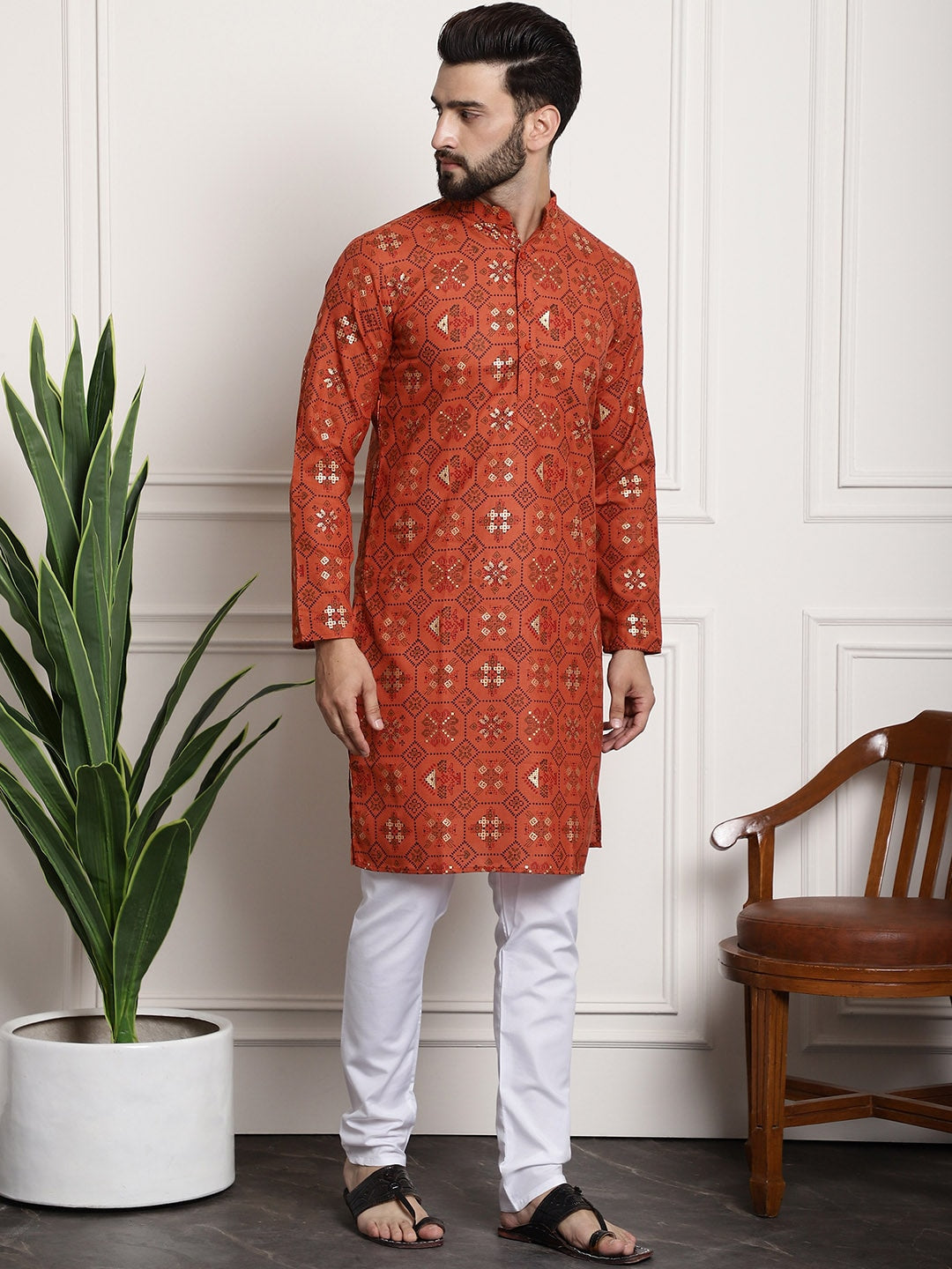 Sojanya Men Orange Printed Cotton Linen Kurta with Churidar
