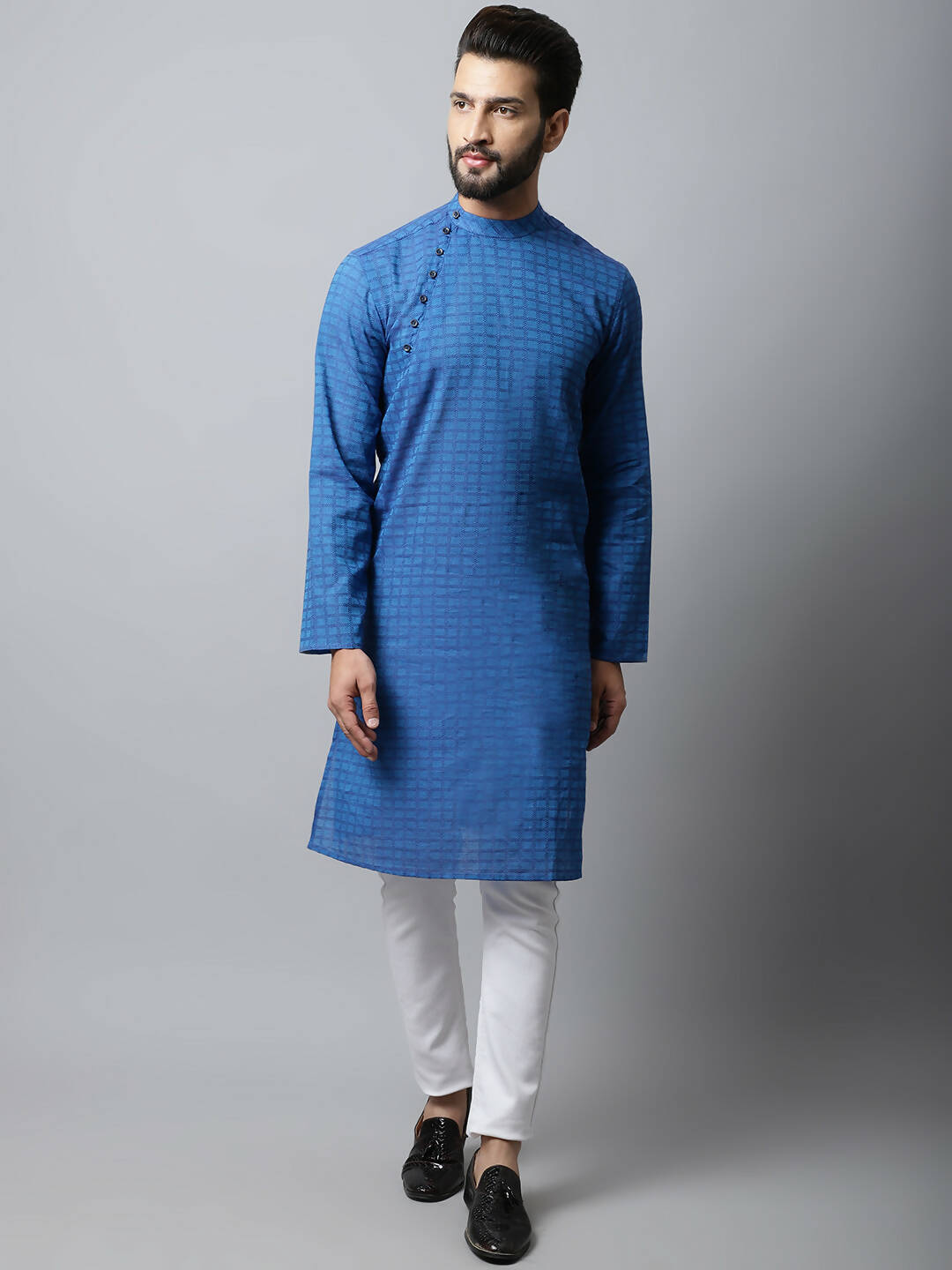 Even Apparels Blue Color Pure Cotton Men's Kurta With Band Collar (CHK1198)