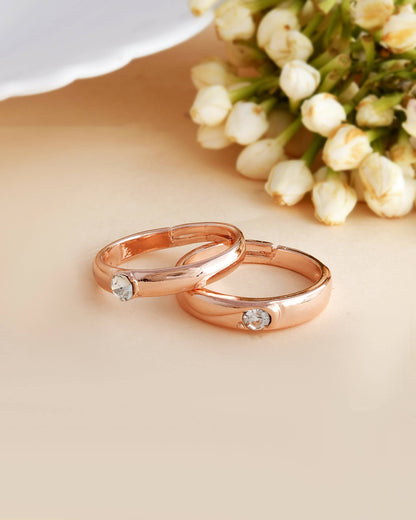 VOJ Stainless Steel Cubic Zirconia Rose Gold-Polished Adjustable Ring Set for Couple
