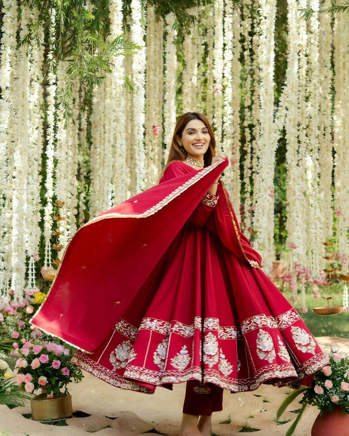 Yash Enterprise Red Roman Silk Embroidery Suit Set