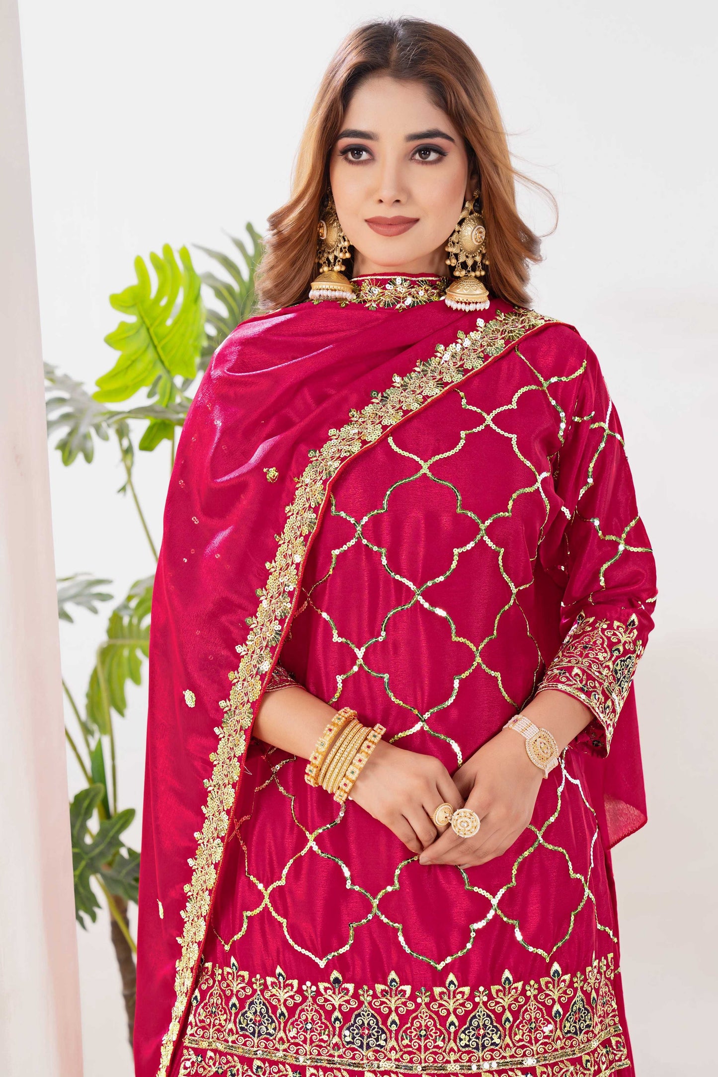Yash Enterprise Red Chinnon Silk Embroidery Party Wear Suit Set