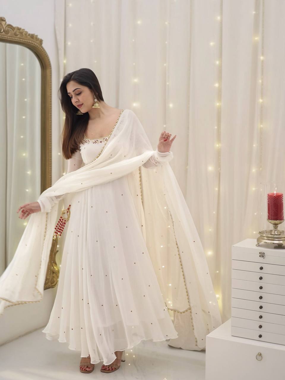 Yash Enterprise White Star Georgette Silk Embroidery Party Wear Uit Set