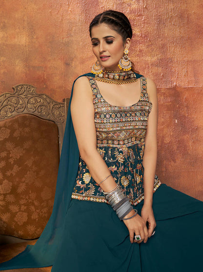 Myra Aequa Blue Georgette Embroidered Designer Suit