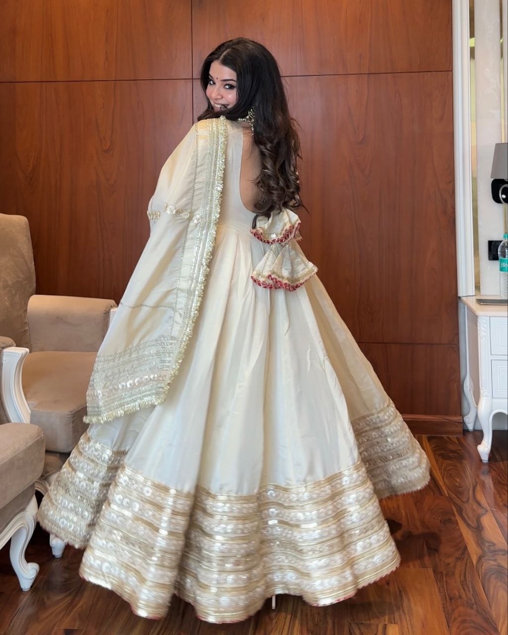 Yash Enterprise Of White Chinon Silk With Embroidery Zari Sequins-Work