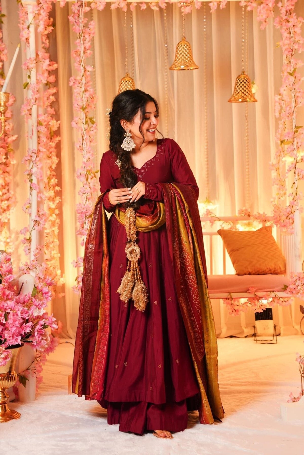 Yash Enterprise Festive Special Chinon Silk Partywear Designer Gown With Palazzo & Dupatta Set
