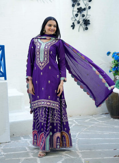 Yash Enterprise Embroidered Chinon With Sequence Blue Readymade Salwar Suit