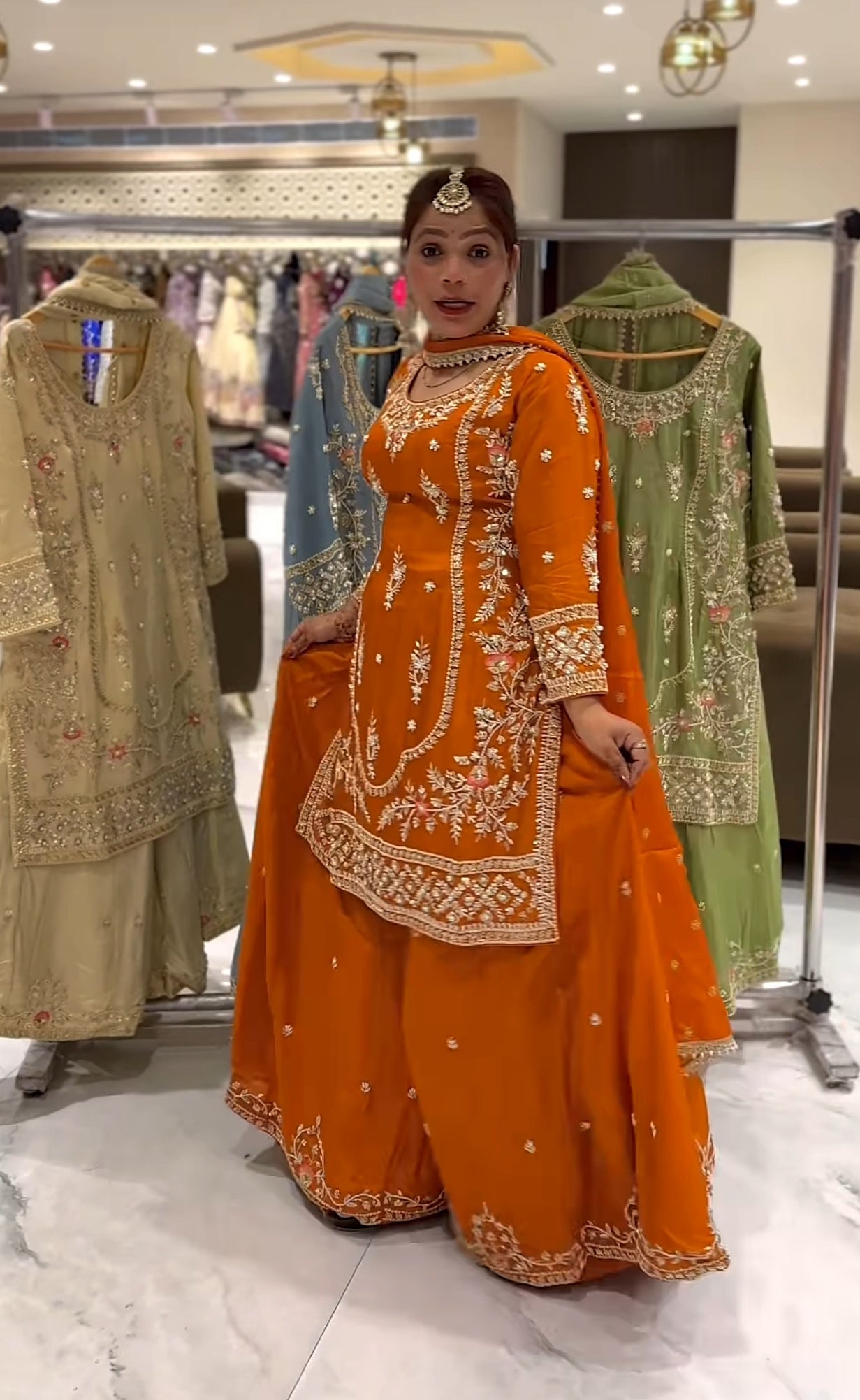 Yash Enterprise Orange Natural Crep Embroidery Party Wear Suit Set