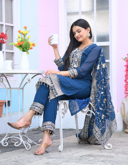Yash Enterprise Alluring Fox Georgette Blue Embroidery Work Readymade Salwar Suit