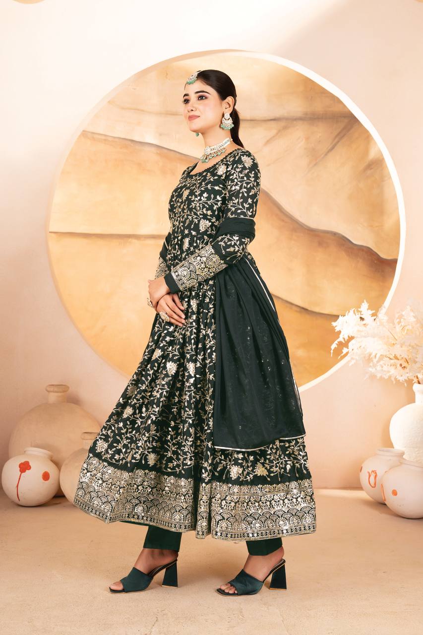 Yash Enterprise Dark Green Star Georgette Embroidered Suit Set