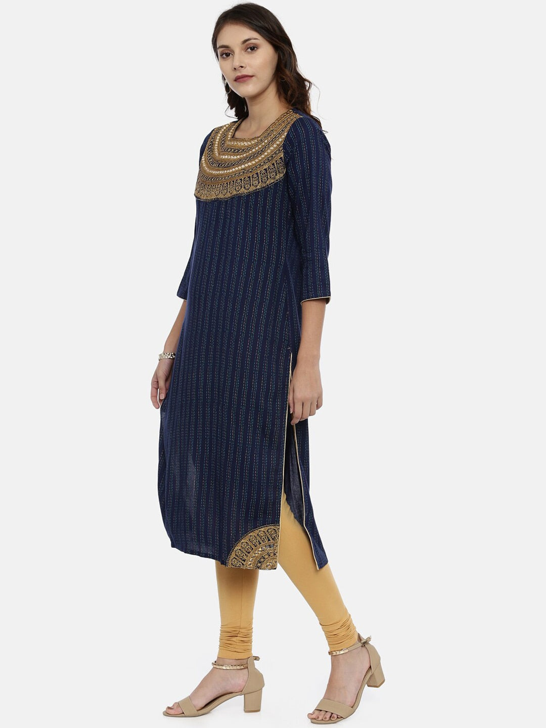 Souchii Navy Blue & Gold-Toned Striped A-Line Kurta