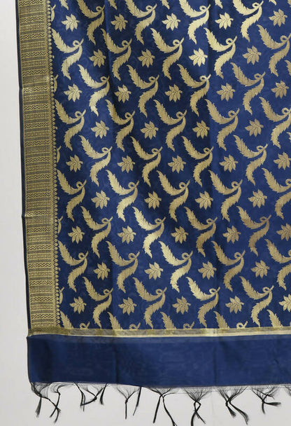 Mominos Fashion Moeza Women's Banarsi Silk Floral Woven Design Navy Blue Dupatta