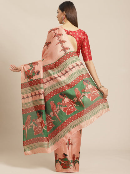 Saree Mall Peach-Coloured & Red Printed Saree