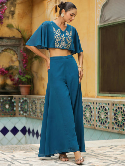 Janasya Teal Blue Georgette Yoke Embroidery Co-Ords
