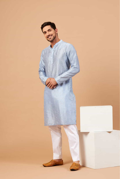 Viva Dot Embroidered Sky Blue Kurta by Hilo Design