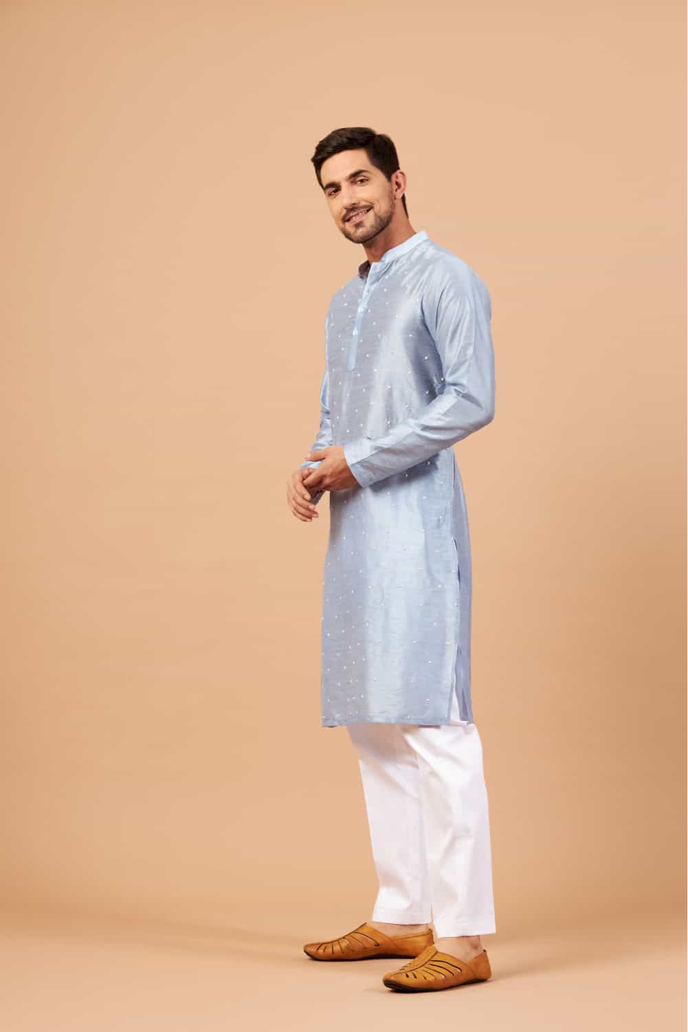 Viva Dot Embroidered Sky Blue Kurta by Hilo Design