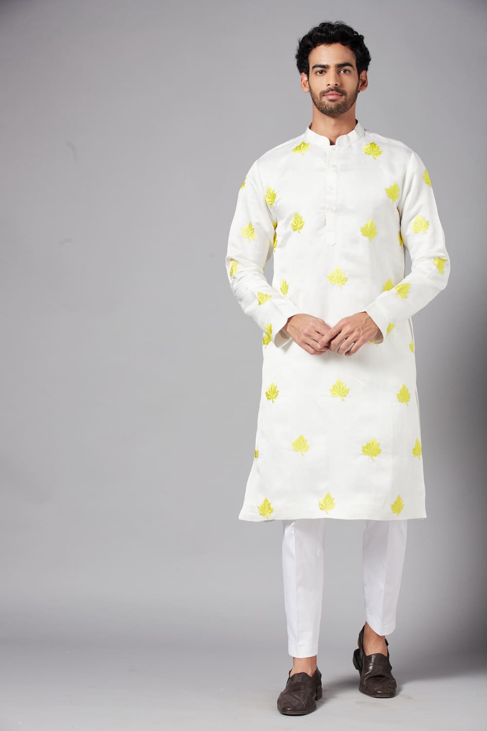 Mogra Yellow Leaf Embroidered Kurta by Hilo Design