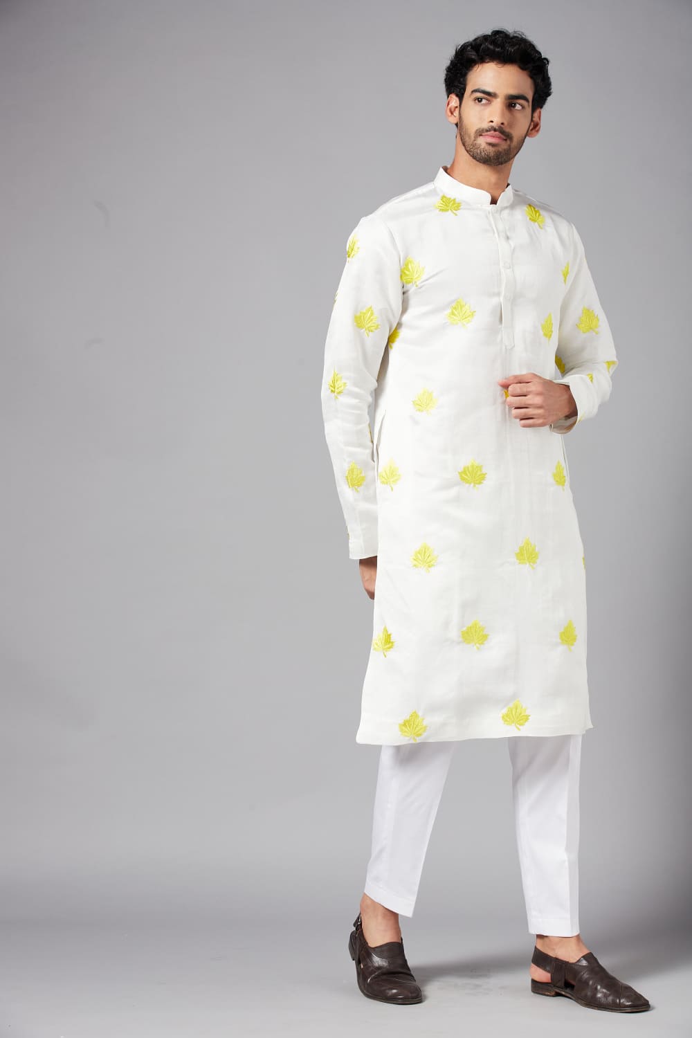 Mogra Yellow Leaf Embroidered Kurta by Hilo Design