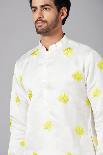 Mogra Yellow Leaf Embroidered Kurta by Hilo Design