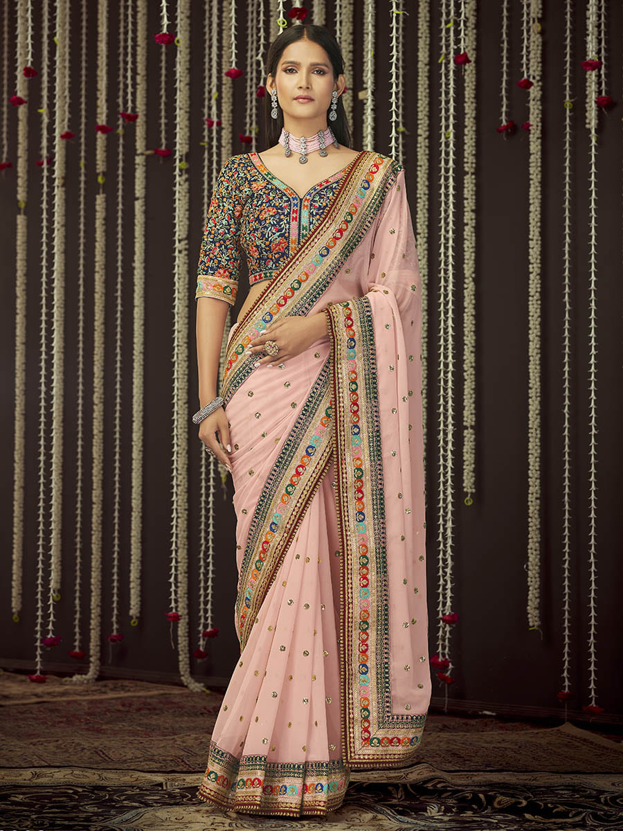 Myra Baby Pink Art Silk Heavy Embroidered Designer Saree