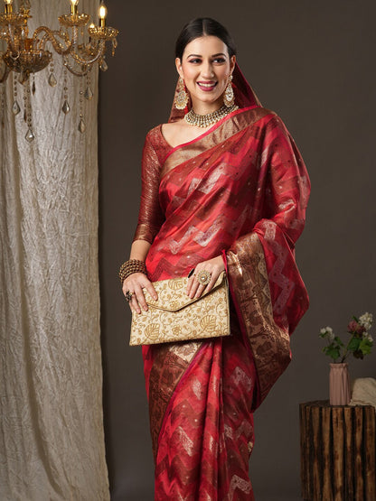 Saree Mall Pink & Gold-Toned Woven Design Zari Silk Blend Bagru Sarees
