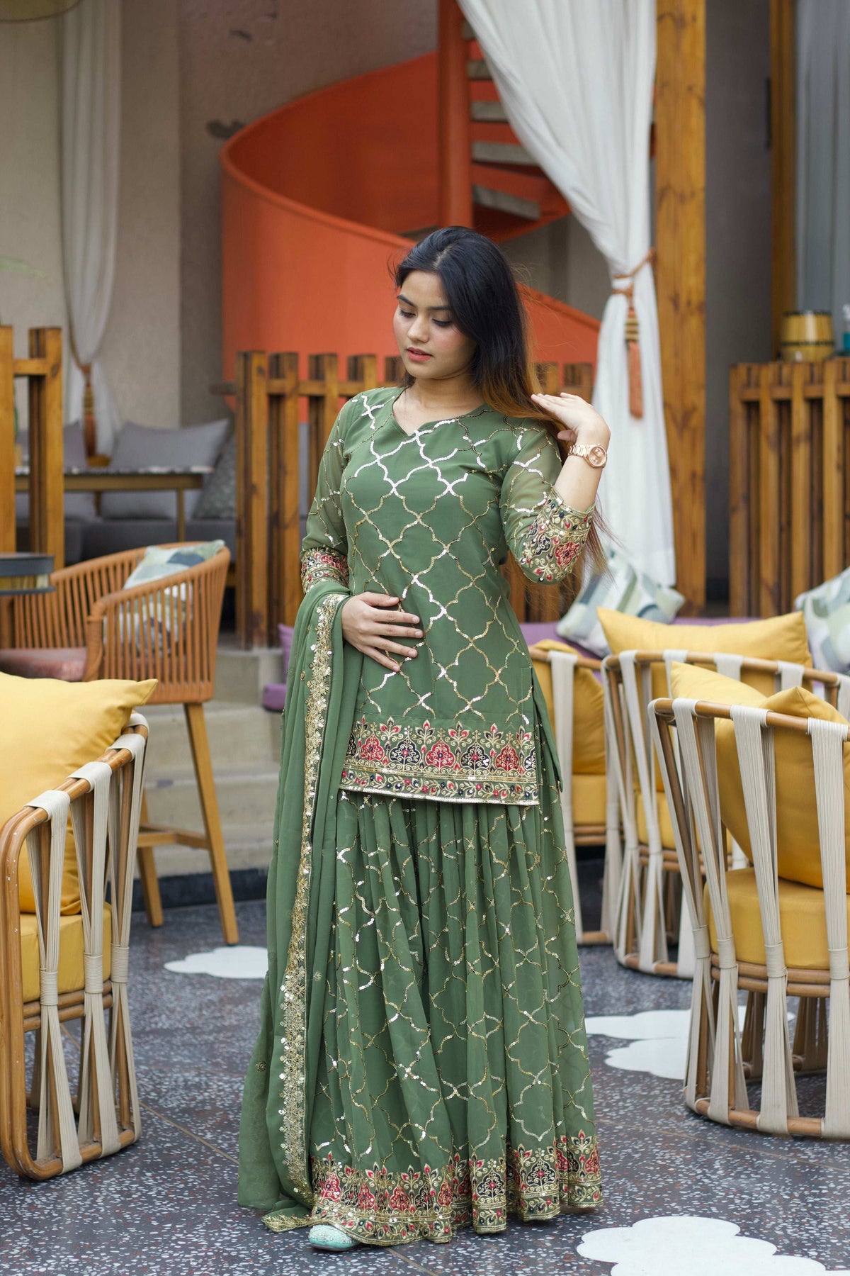 Yash Enterprise Green Georgette Embroidery Party Wear Suit Set