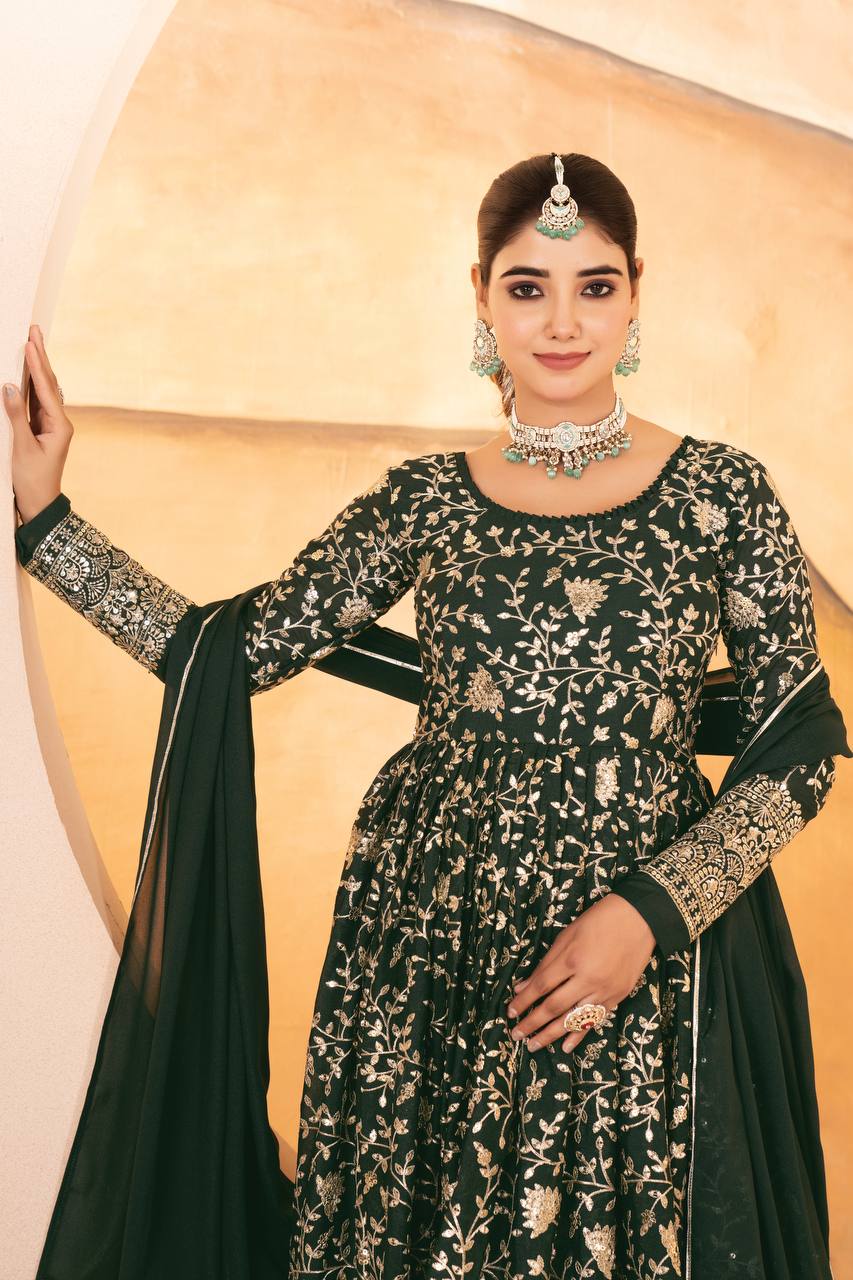 Yash Enterprise Dark Green Star Georgette Embroidered Suit Set