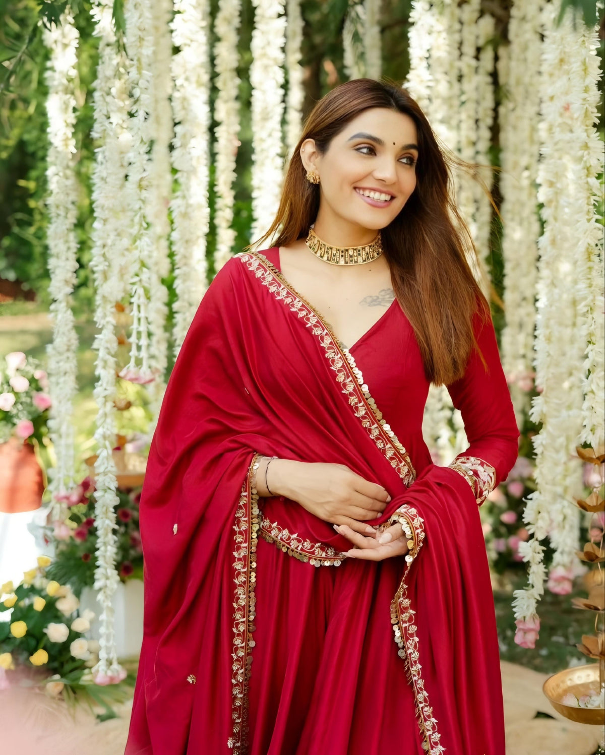 Yash Enterprise Red Roman Silk Embroidery Suit Set