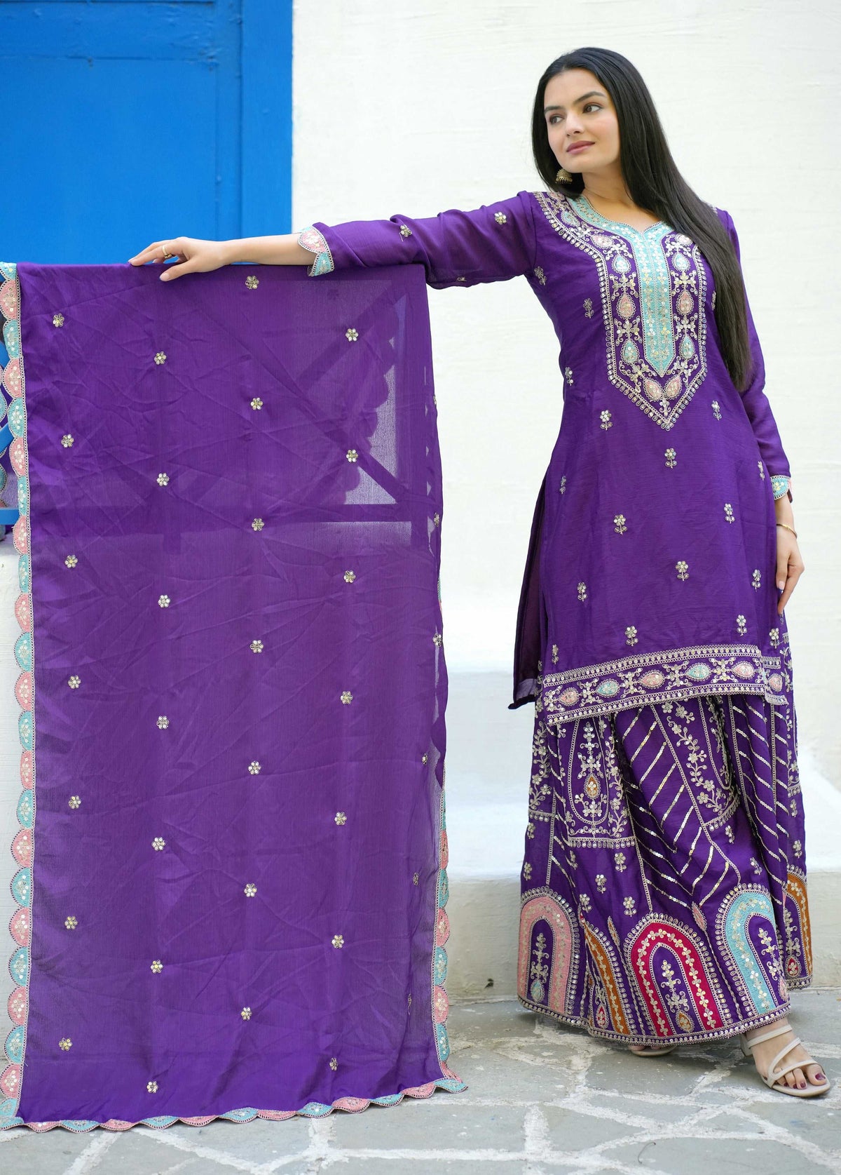 Yash Enterprise Embroidered Chinon With Sequence Blue Readymade Salwar Suit