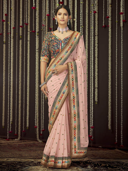 Myra Baby Pink Art Silk Heavy Embroidered Designer Saree