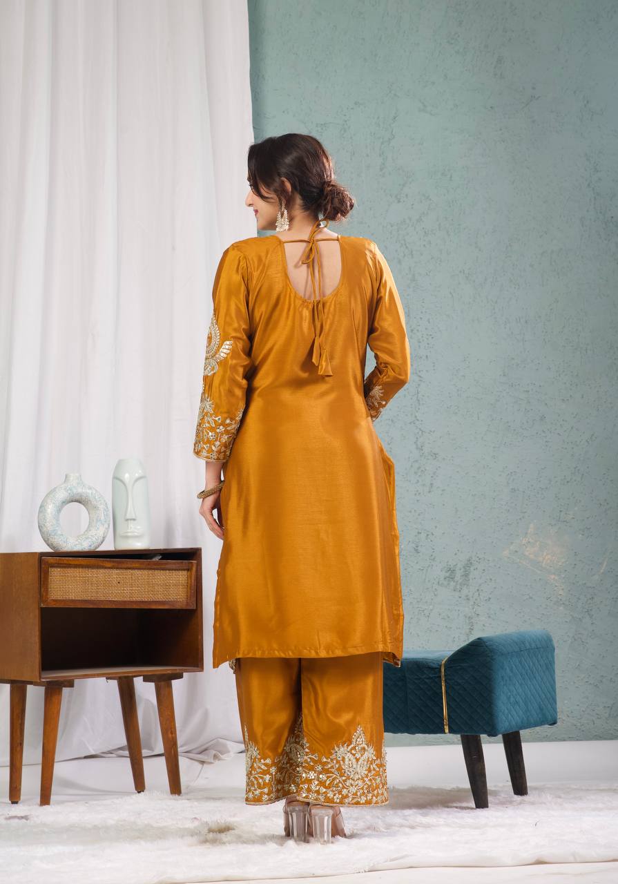 Yash Enterprise Gold Chinnon Silk Embroidery Party Wear Suit Set