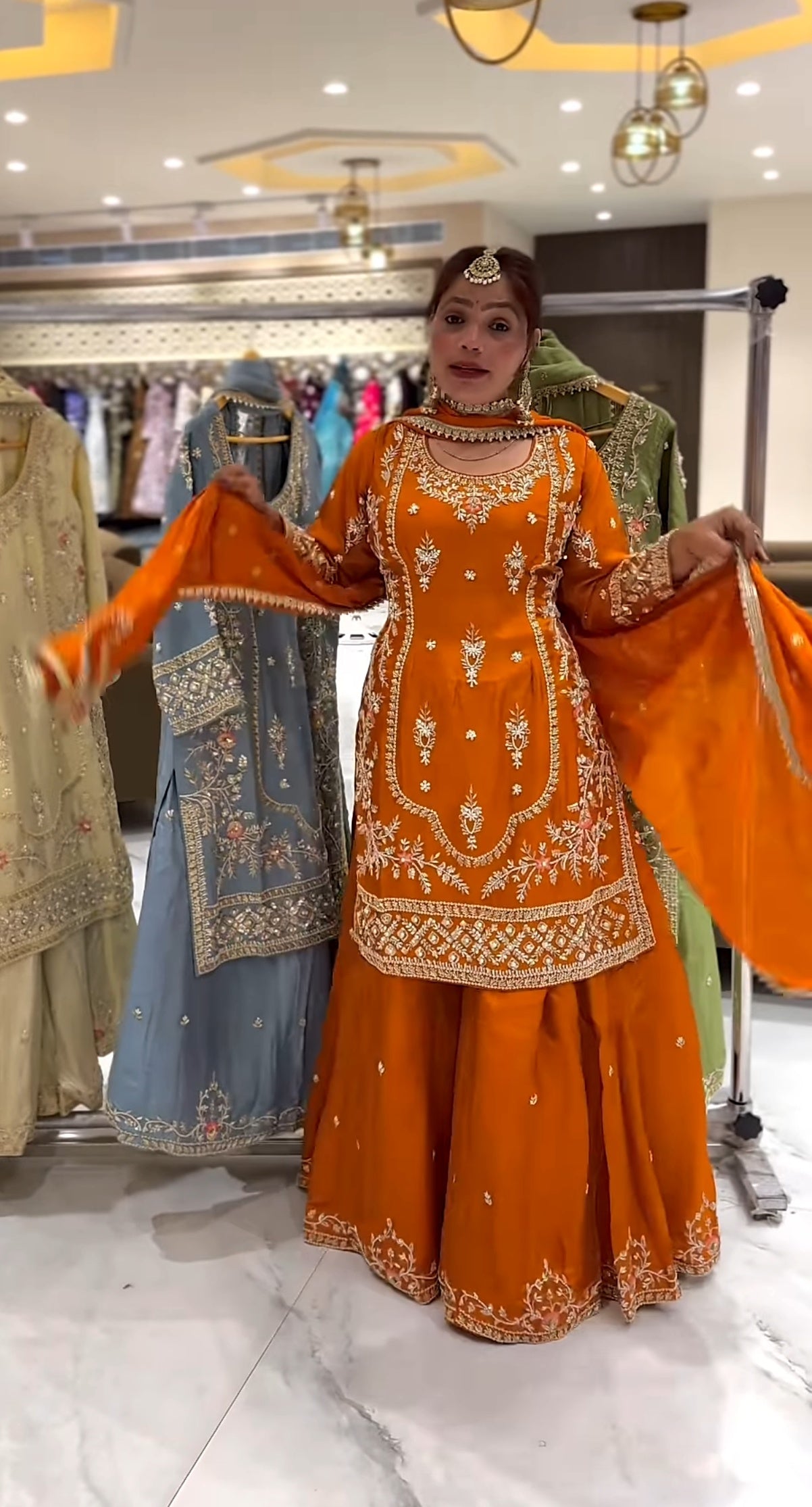 Yash Enterprise Orange Natural Crep Embroidery Party Wear Suit Set