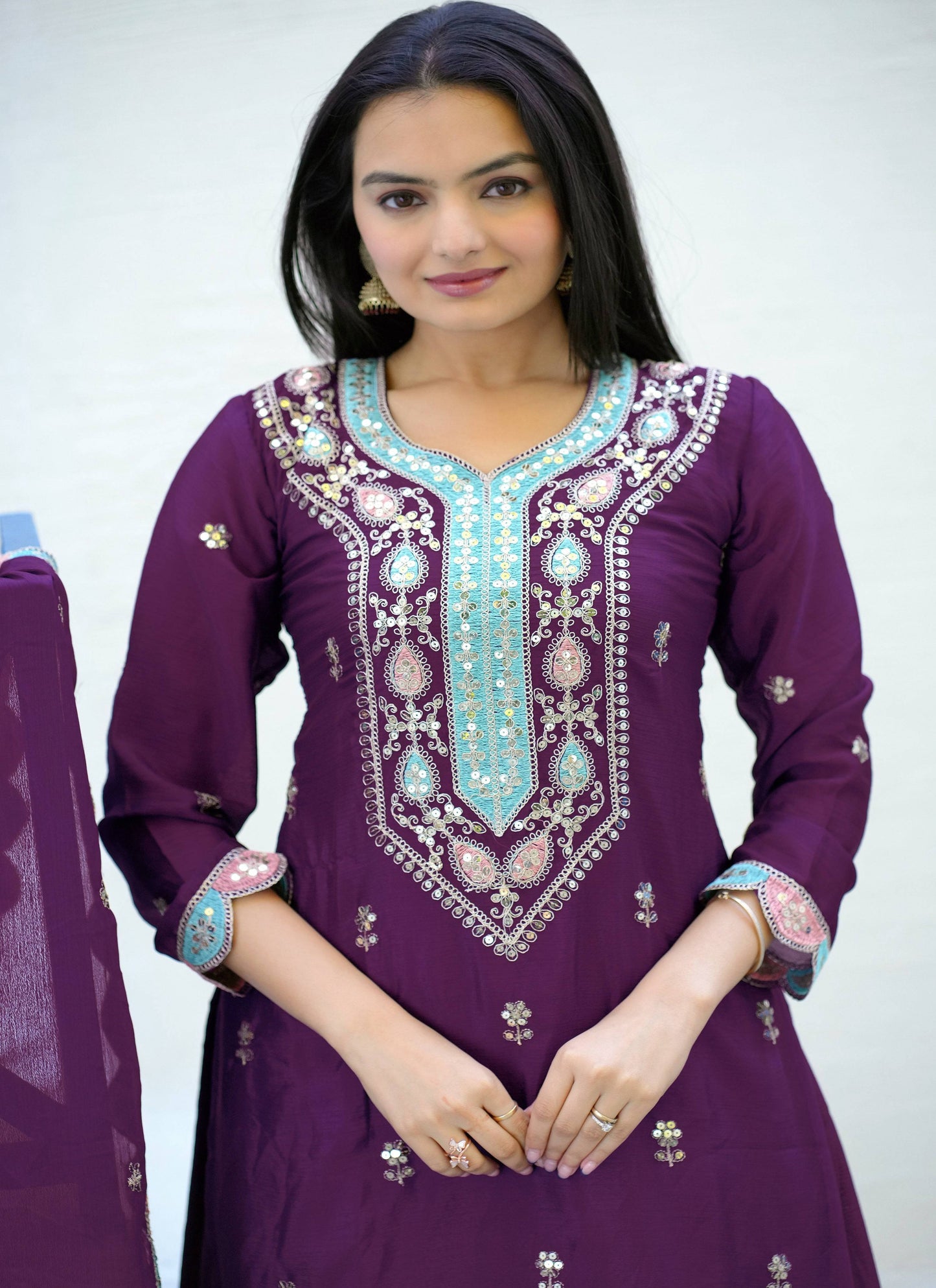 Yash Enterprise Embroidered Chinon With Sequin Maroon Readymade Salwar Suit