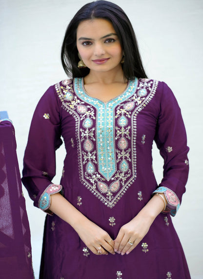 Yash Enterprise Embroidered Chinon With Sequin Maroon Readymade Salwar Suit