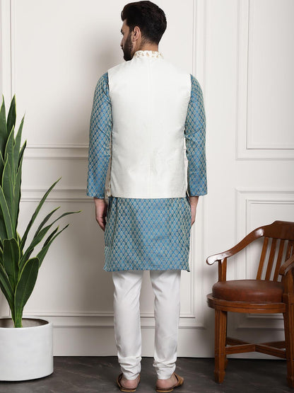 Sojanya Men Blue Ethnic Motifs Kurta with Pyjamas & Nehru Jacket